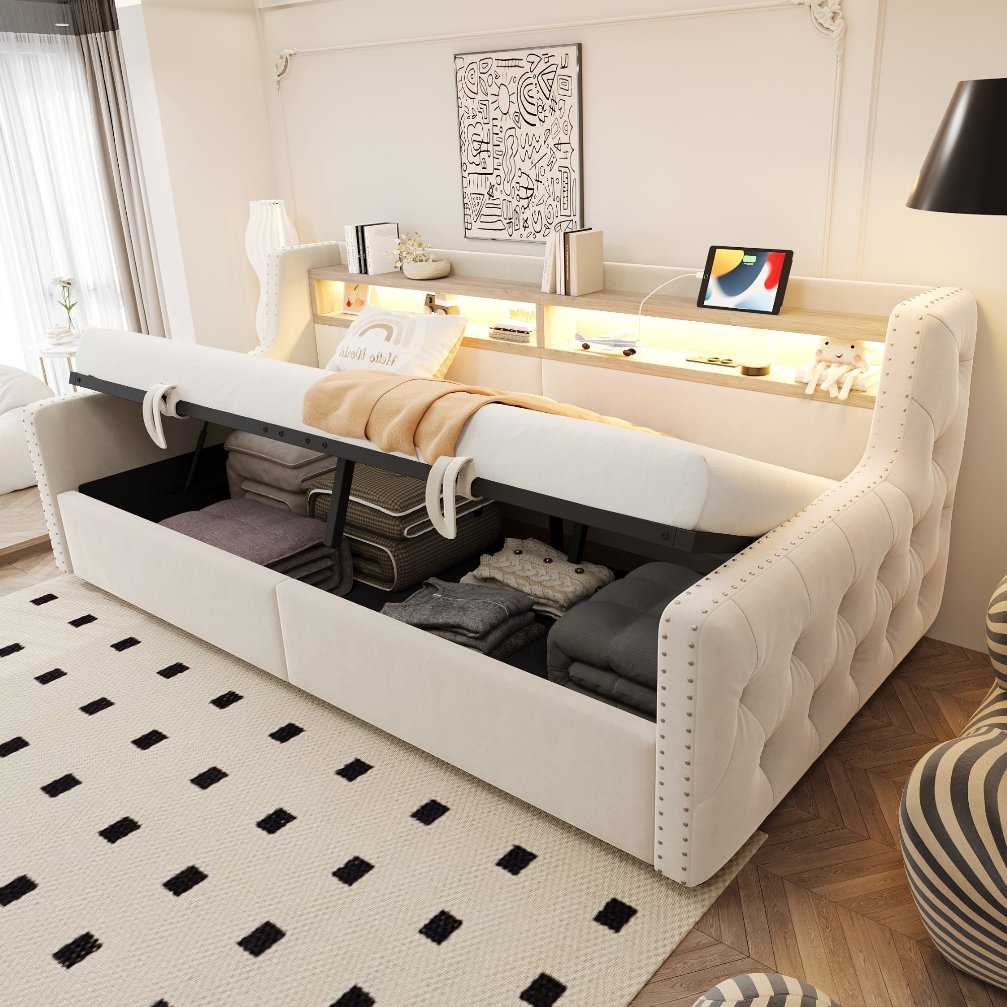Upholstered Sofa Bed with Hydraulic Storage, LED Lighting and Charging Station, 90x200cm, Beige Velvet
