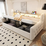 Upholstered Sofa Bed with Hydraulic Storage, LED Lighting and Charging Station, 90x200cm, Beige Velvet