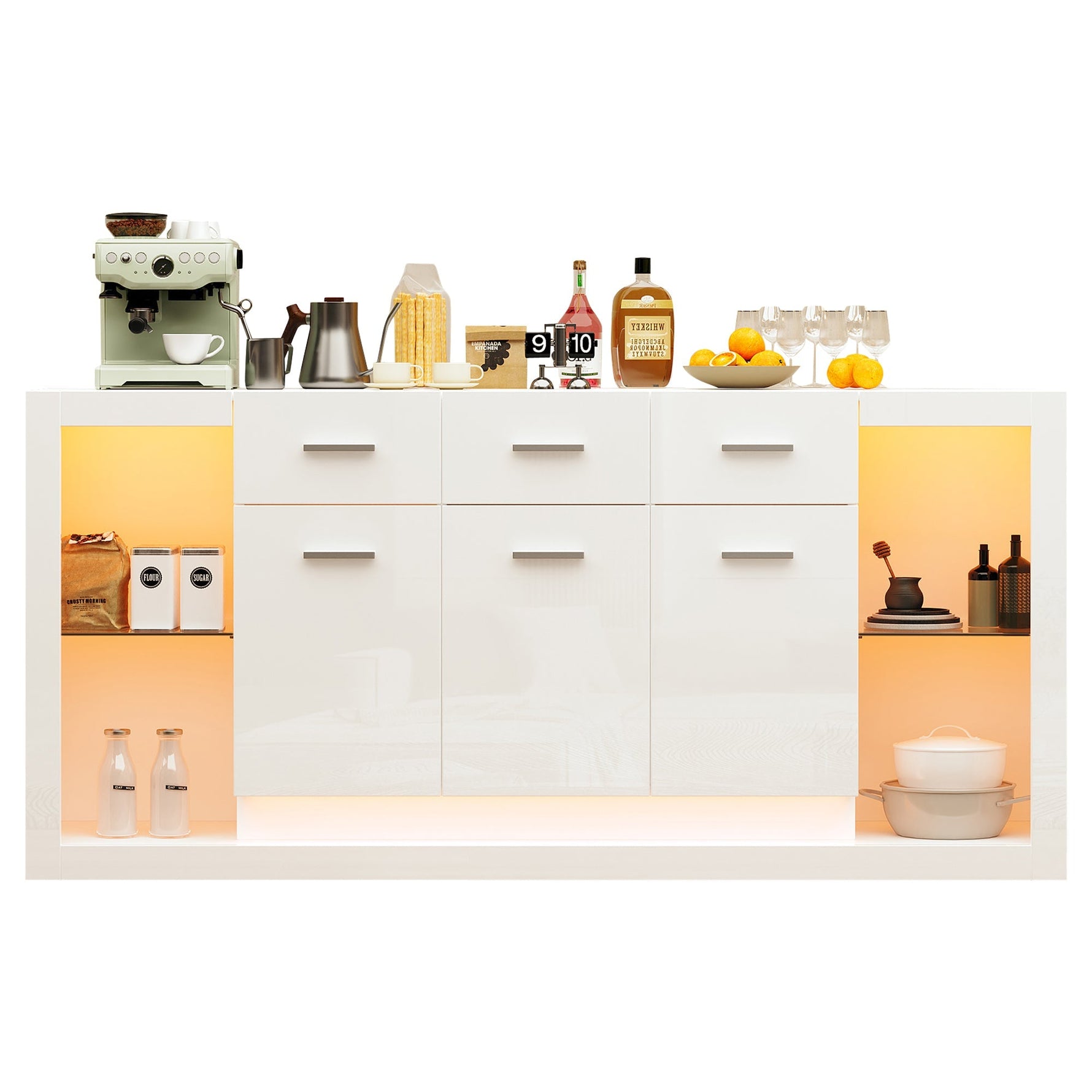 High-Gloss Sideboard 160cm with LED Light and 3 Drawers - White