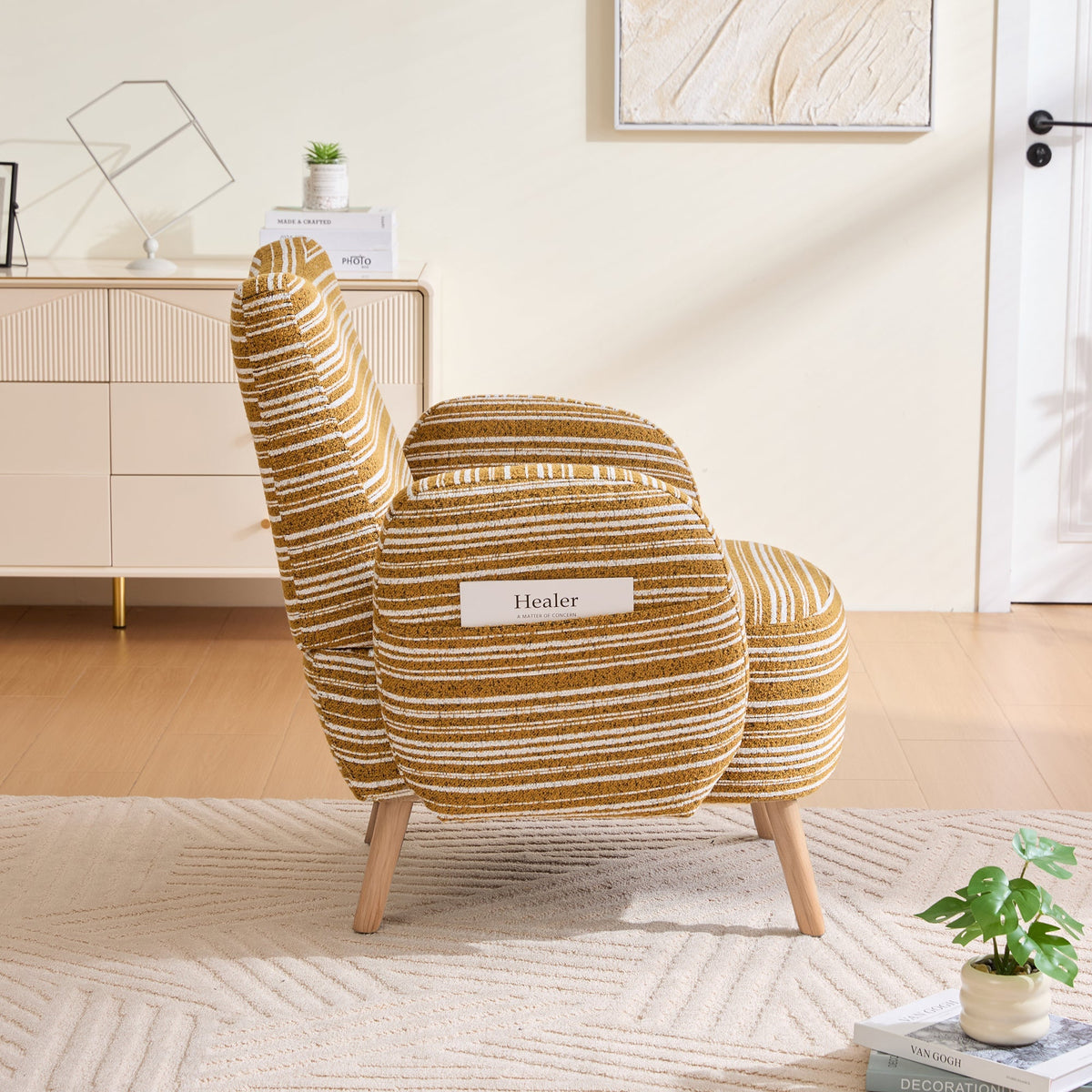 Armchair Modern Circular Pattern Side Pocket Solid Wood Legs - Fabric