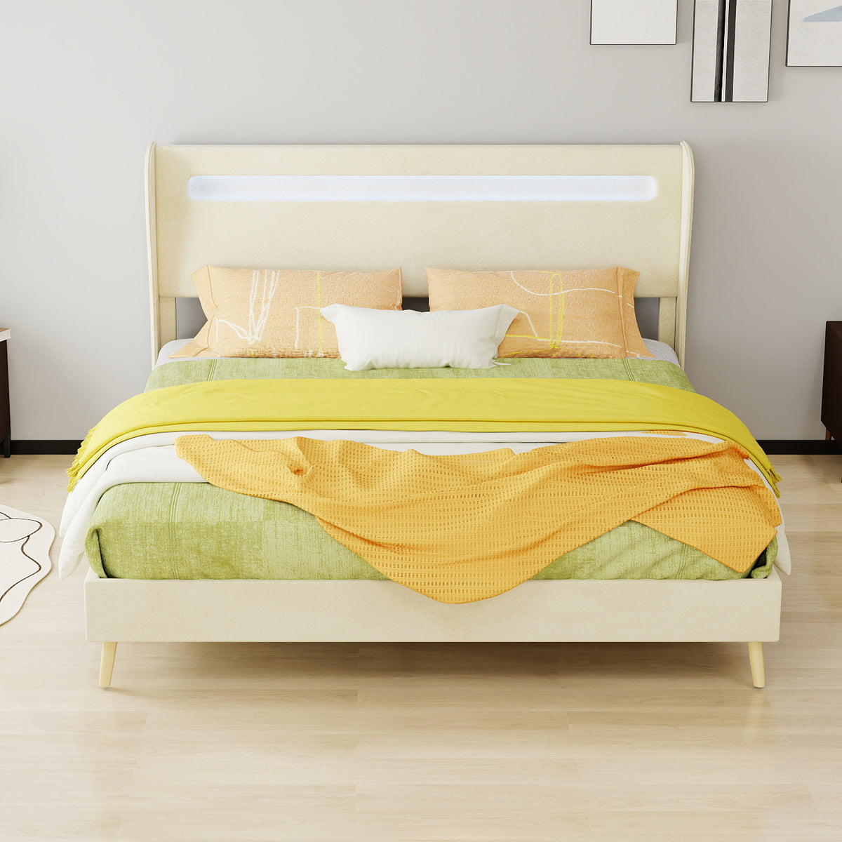 Modern Upholstered Bed with LED Headboard & Mattress, 160x200cm, Beige