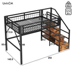 Loft Bed 140x200cm LED Storage Staircase - Black Iron Frame