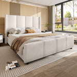 Upholstered Bed Frame, Modern with USB Port, Iron & Wood, Beige