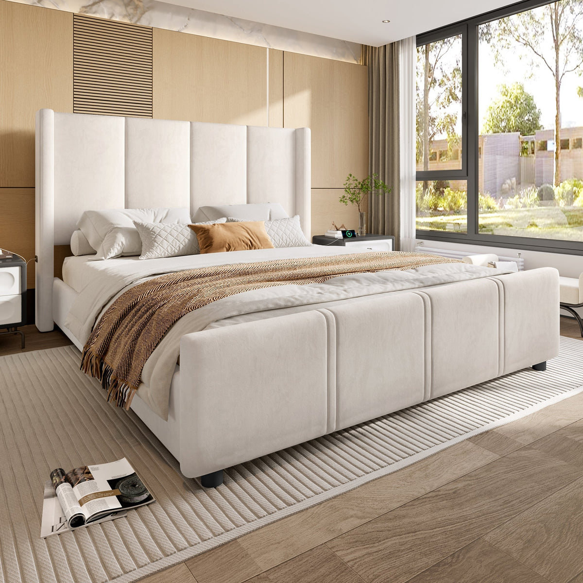 Upholstered Bed Frame, Modern with USB Port, Iron & Wood, Beige
