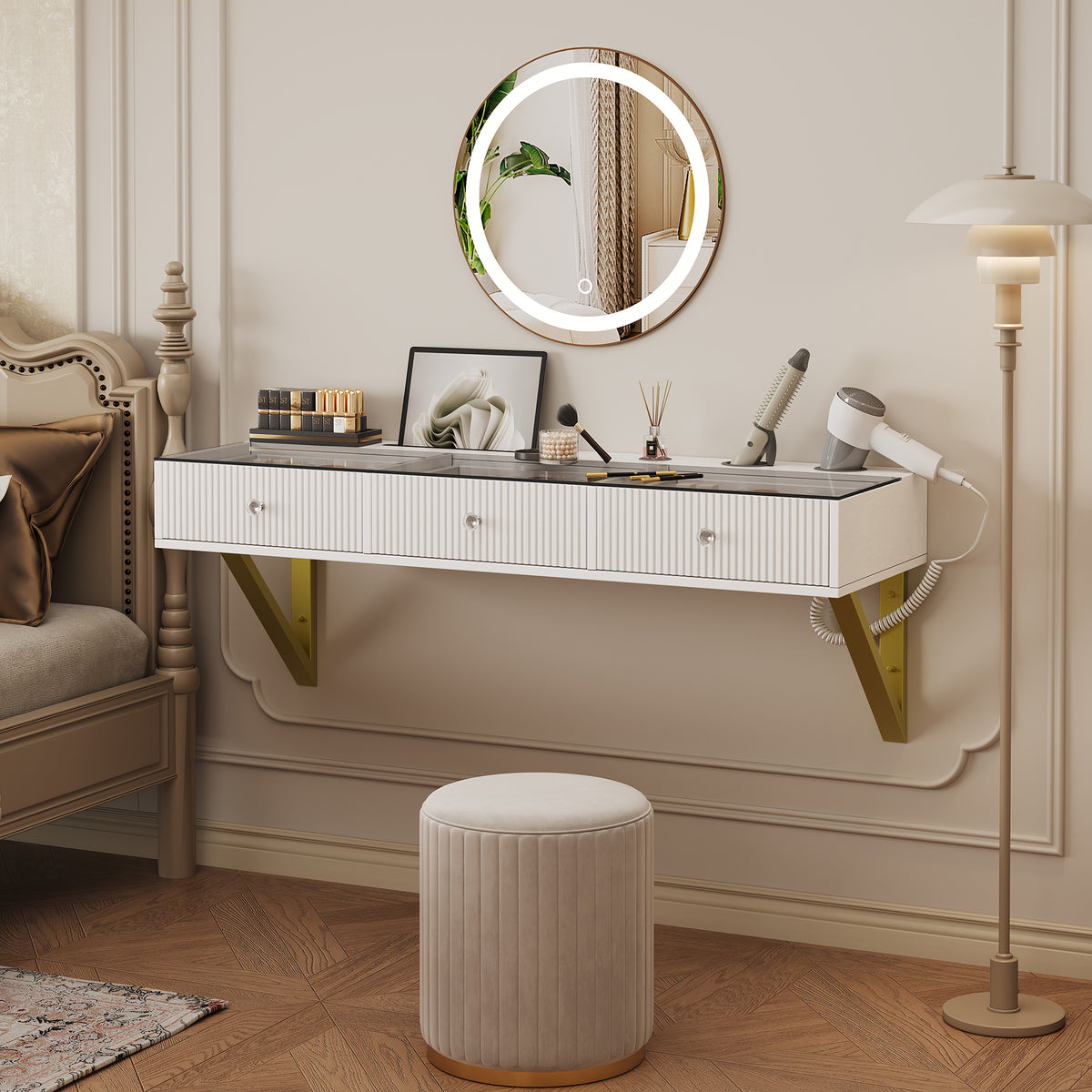 Wall-Mounted Vanity Table with 3 Drawers & Glass Top, White