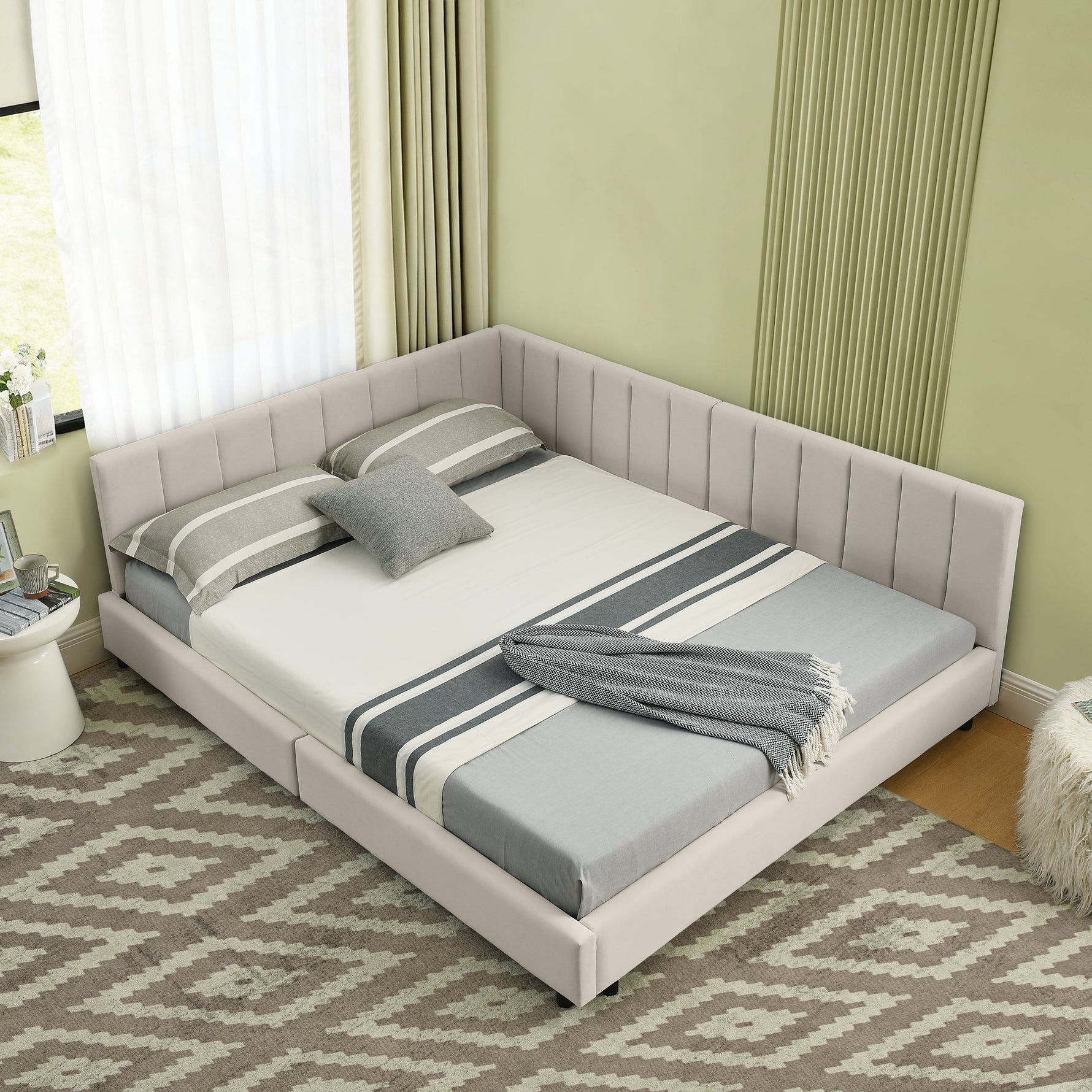 Double Bed 140x200cm High Backrest, Velvet Beige