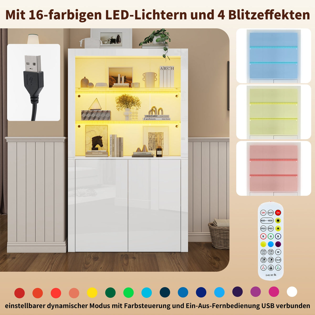 Sofa Sideboard Tall Cabinet, Display Storage with LED Lights, Tempered Glass, 100 x 35 x 170 cm, High-Gloss