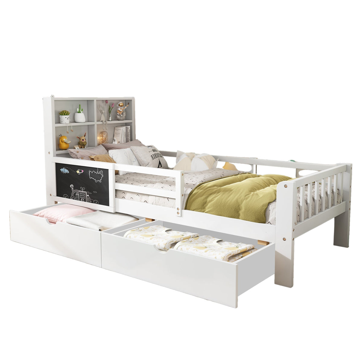 Multi-functional Children's Bed with Drawers and Chalkboard, 90x200cm, White