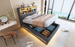Upholstered Bed 140x200, Hydraulic Storage, LED Light, USB Port, Linen Upholstery Grey