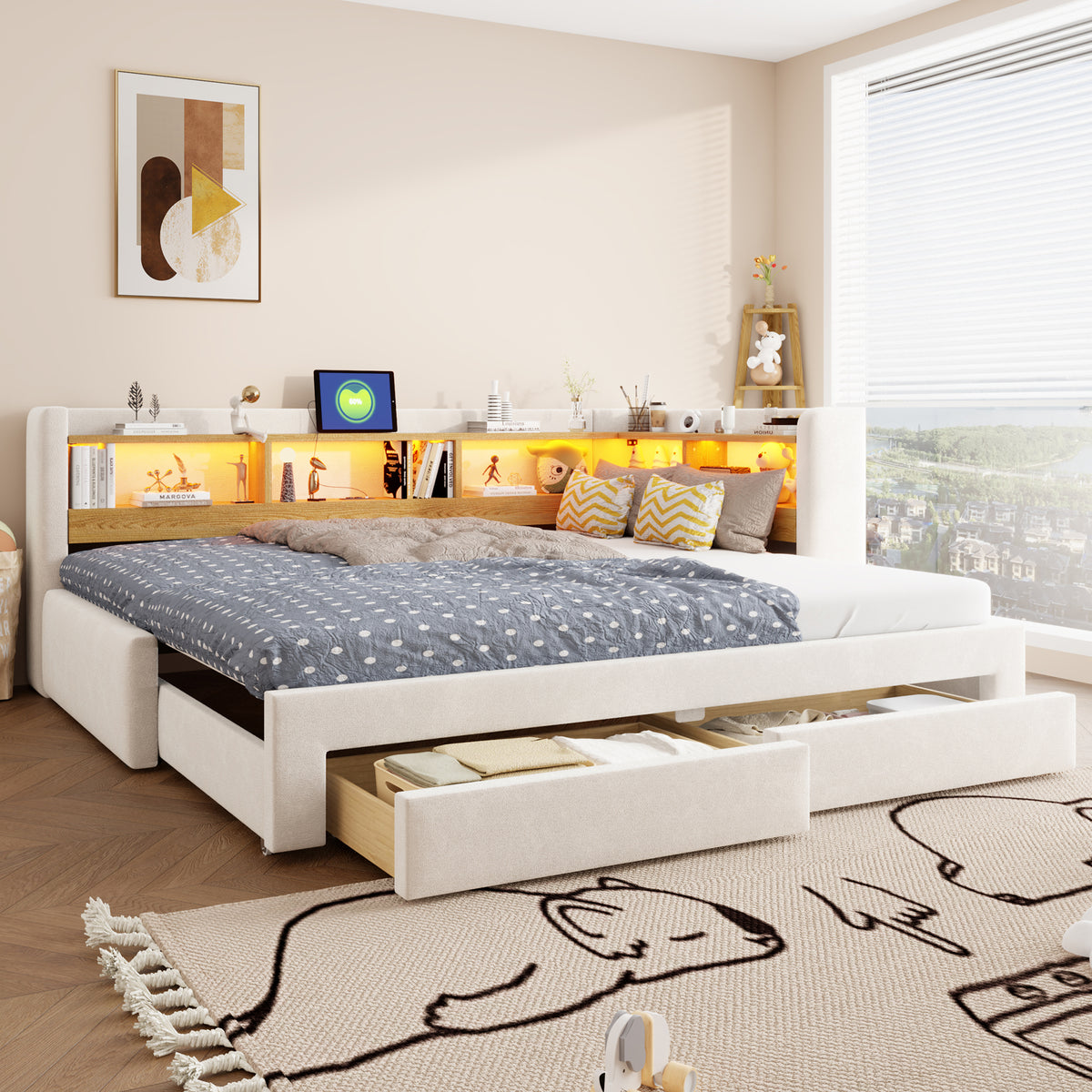 3-in-1 Sofa Bed 90x200 Extendable Daybed with LED & Drawers