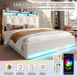 Upholstered Bed Frame, LED Lighting, USB-C Charging, Storage, Beige