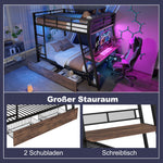 Loft Bed 140x200cm with Desk, LED & Drawers, Black Iron
