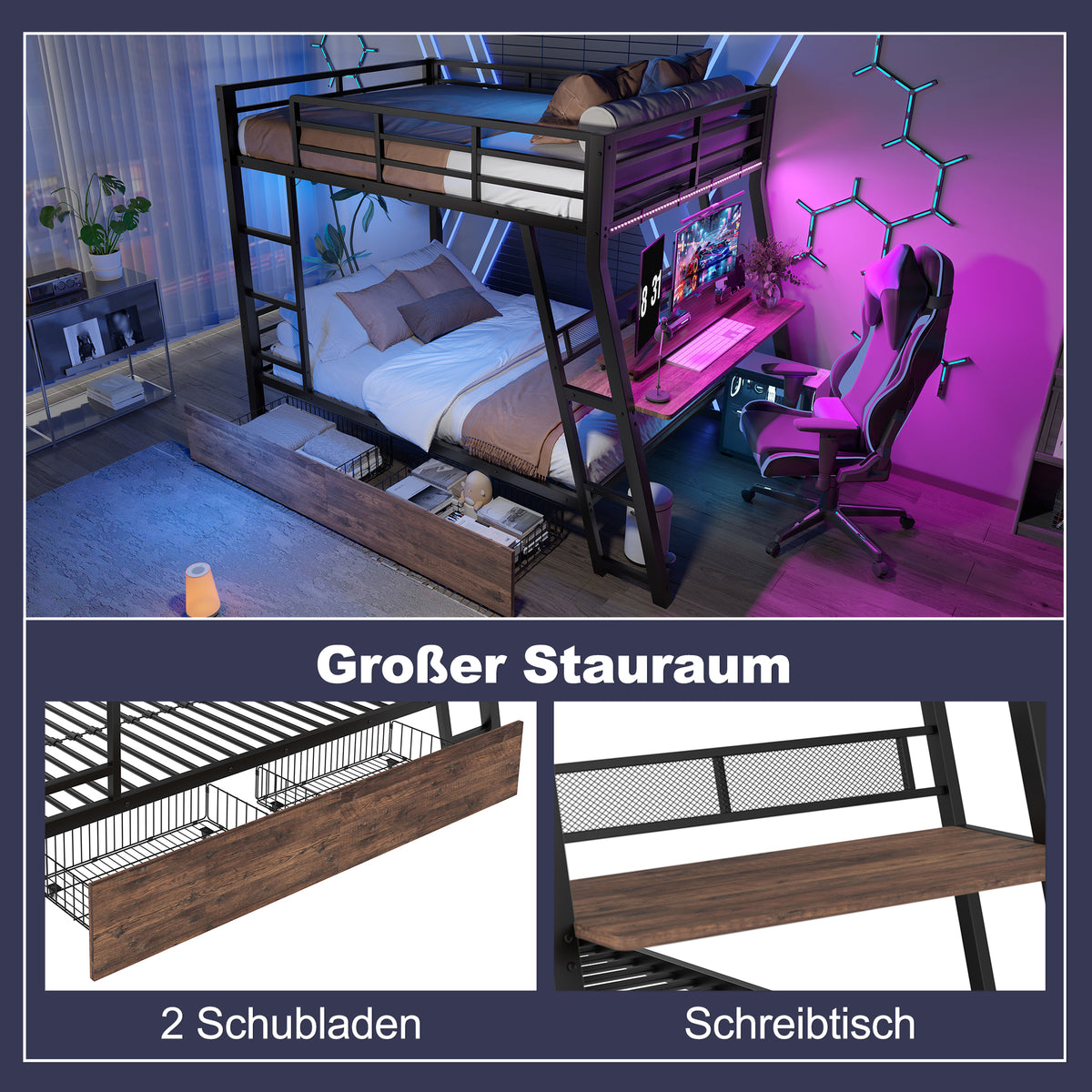 Loft Bed 140x200cm with Desk, LED & Drawers, Black Iron