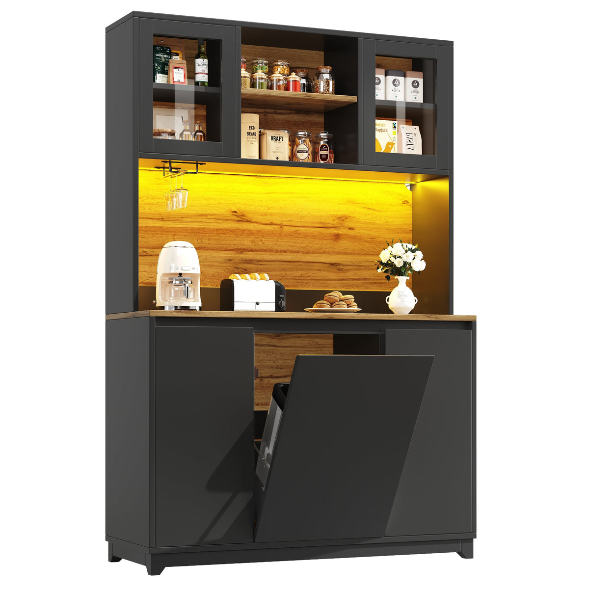 Tall Kitchen Sideboards with LED Lighting and Acrylic Doors, Black