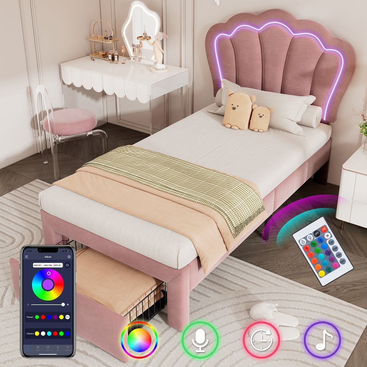 Children's Bed, LED Single with Drawers, APP-Control, Adjustable Headboard, Velvet Pink