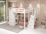 Loft Bed, 140x200cm with Storage, Ladder & Shelves, White Solid Wood