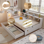 Single Panel Bed, Storage Headboard Lights Charging Drawers 90x200cm, White Pine/MDF