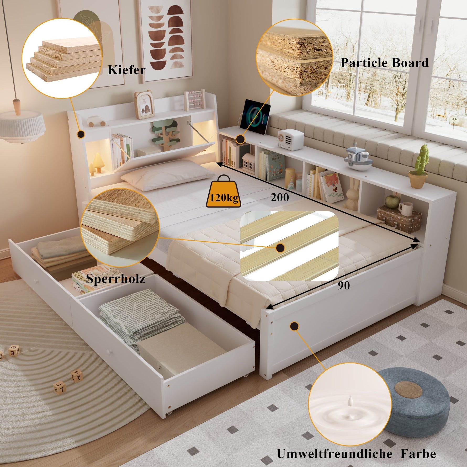 Single Panel Bed, Storage Headboard Lights Charging Drawers 90x200cm, White Pine/MDF