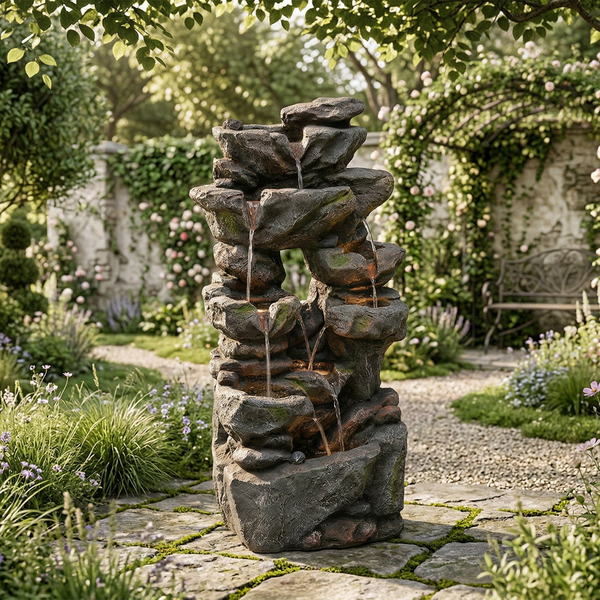 Garden Fountain with LED Lighting, Water Pump and Decorative Basin, Artificial Stone Grey