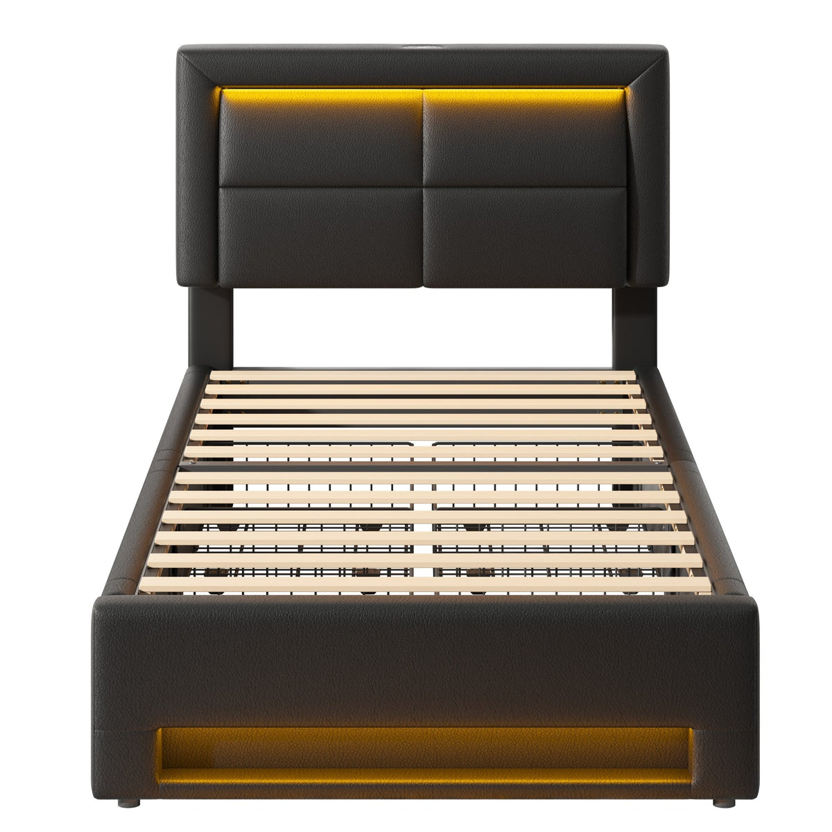 Upholstered Bed 90x200cm LED USB Charging 4 Drawers - Black PU Lychee