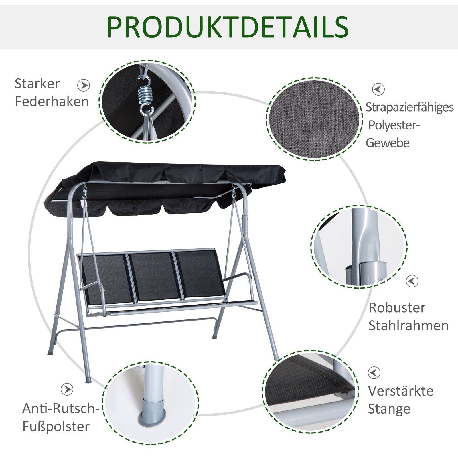 Hollywood Swing, 3-Seater Elegant Garden Swing with Roof, Metal Frame Grey/Silver