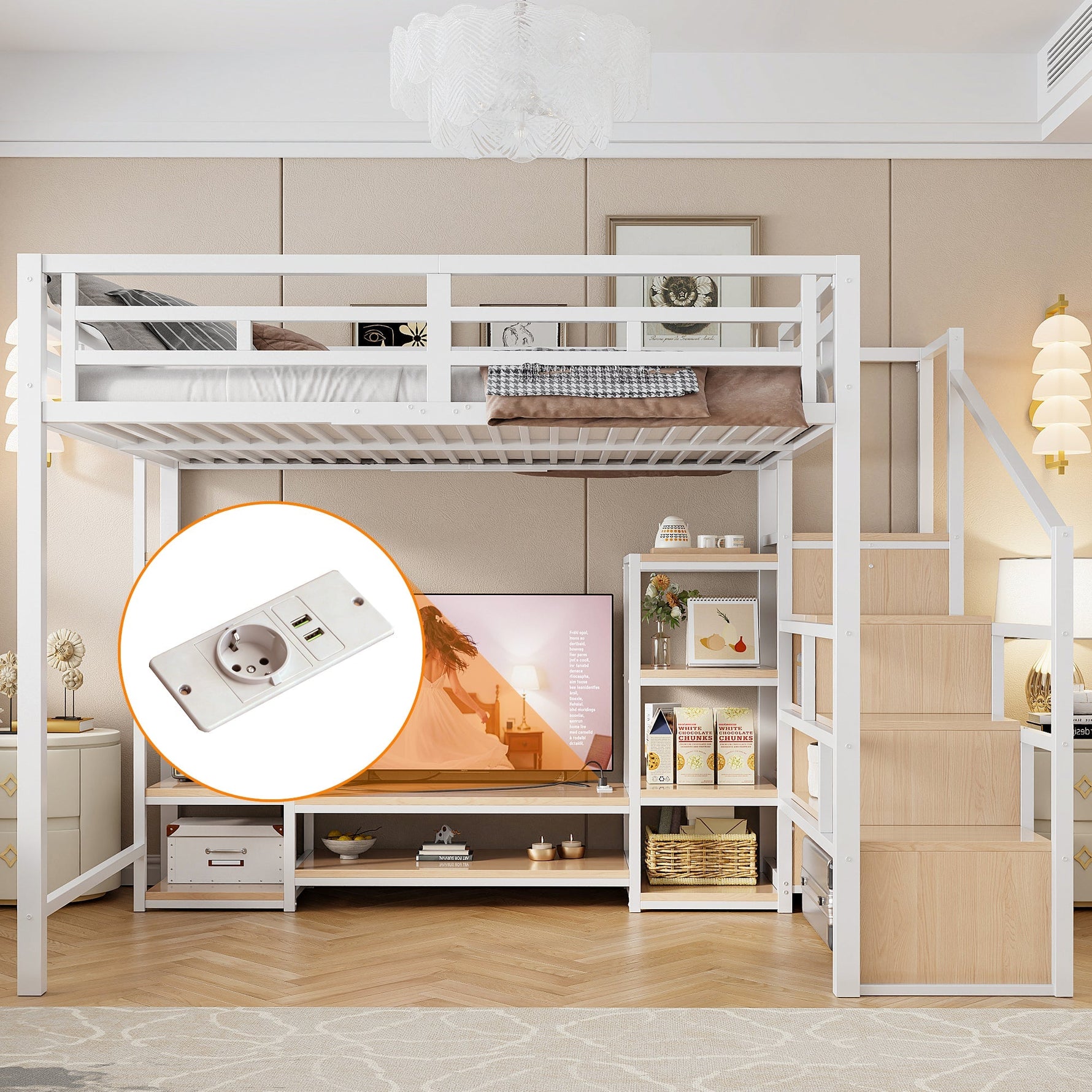Loft Bed with TV Stand, Power Outlet and Safety Ladder, 140x200cm, White Metal and Wood
