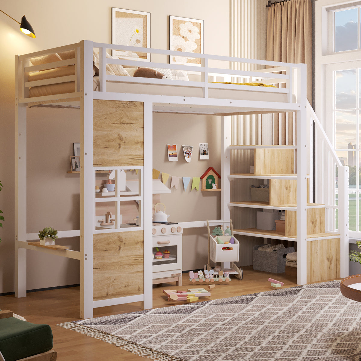 Loft Bed 90x200cm with Storage Ladder - White Iron Frame