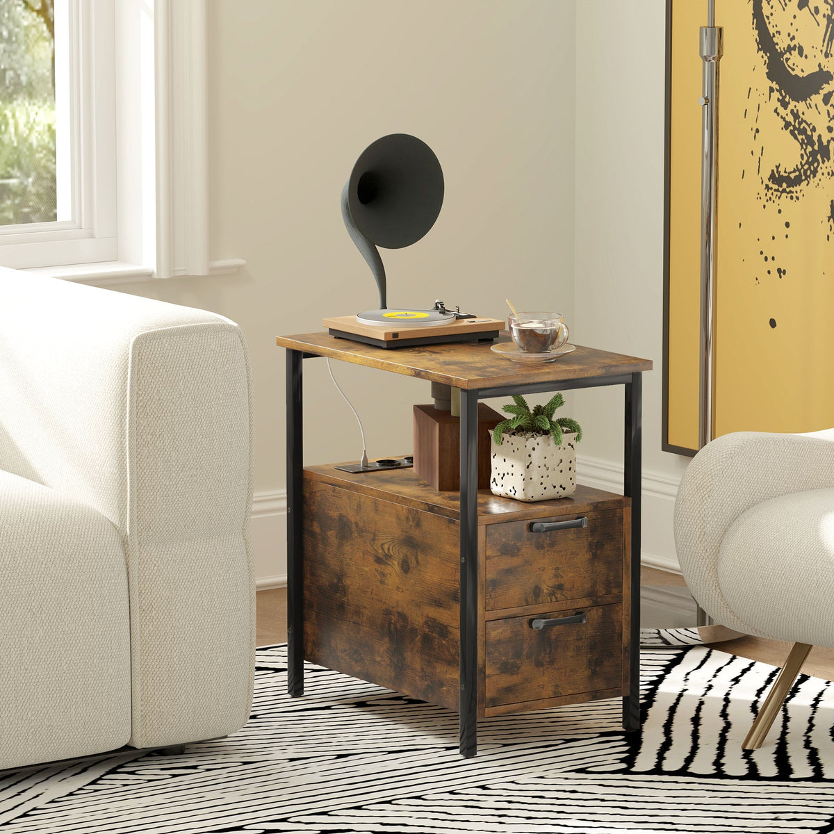 Side Table Coffee Table with Charging Station, 2 Drawers, Rustic Brown