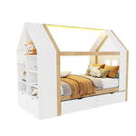 Children's House Bed 90x200 with 2 Drawers & LED, White & Natural