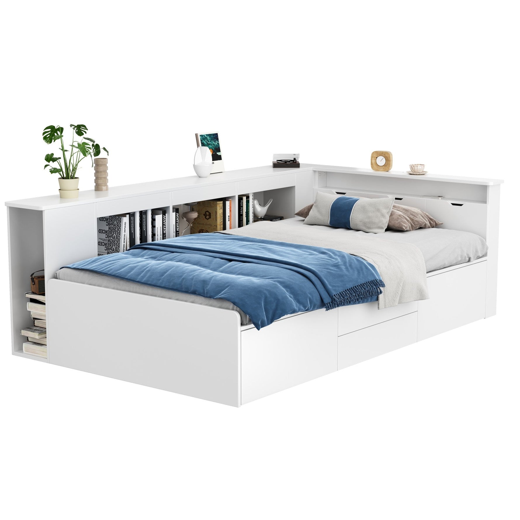 Children's Single Bed 90x200cm Multifunctional Storage Drawers Bookshelf - White