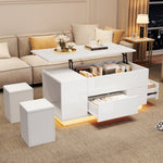 Coffee Table 4-in-1 Height-Adjustable LED 2 Drawers High-Gloss White