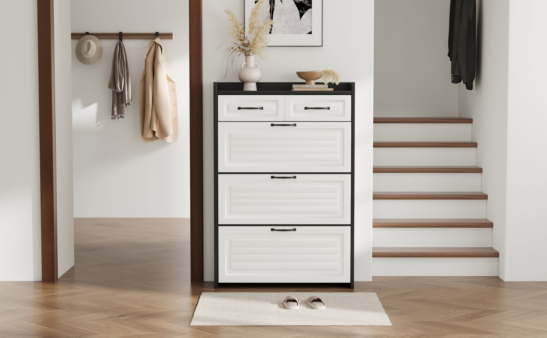 Shoe Cabinet with Rotating Rack 3 Doors 2 Drawers W80cm Wooden