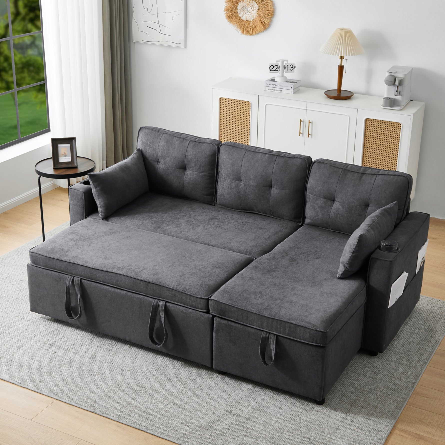 Sofa Bed L-Shaped Sleeping Function Storage Cup Holder Interchangeable Upholstered