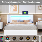 Multifunctional Upholstered Bed with LED Lighting, Bluetooth and USB Storage, White PU Leather