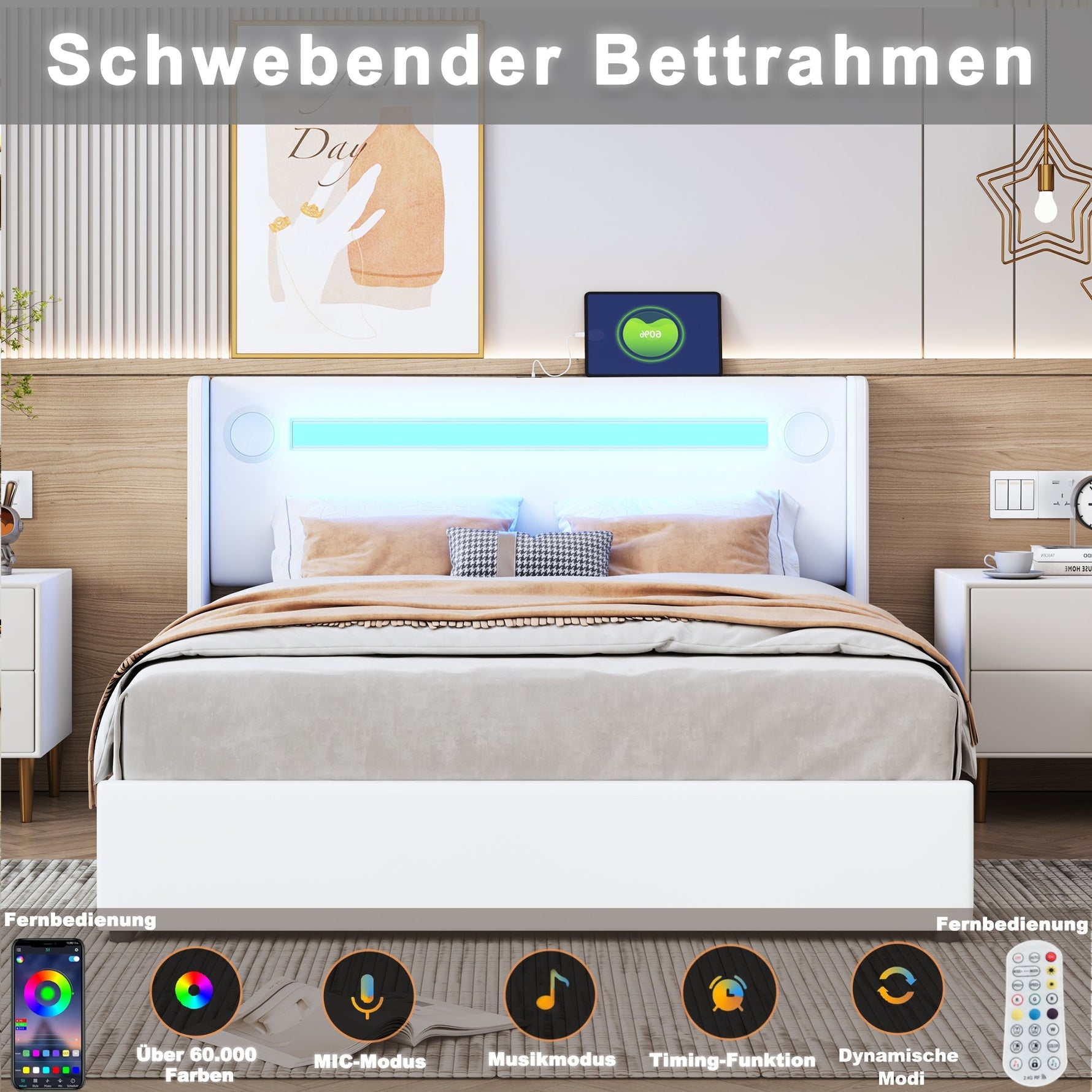 Multifunctional Upholstered Bed with LED Lighting, Bluetooth and USB Storage, White PU Leather