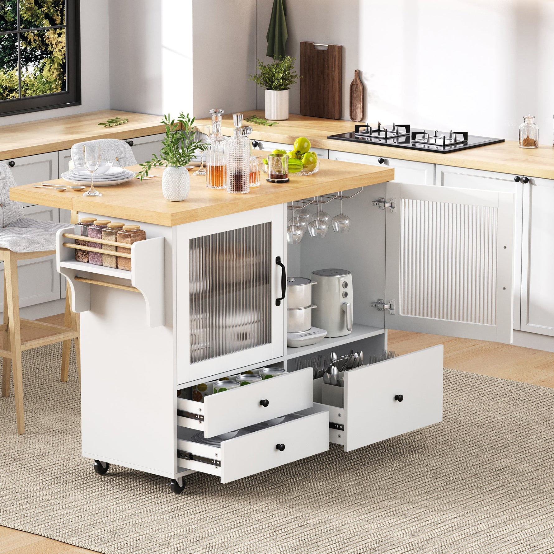 Mobile Kitchen Island Extendable Table Wheels Wine Glass Holder Storage - White