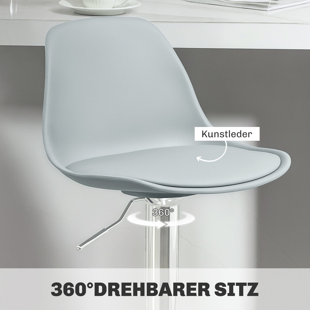 Bar Stool Set of 2, Padded with Steel Frame, Height-Adjustable, Faux Leather Grey