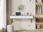 Wall-Mounted Vanity Table with 3 Drawers & Glass Top, White