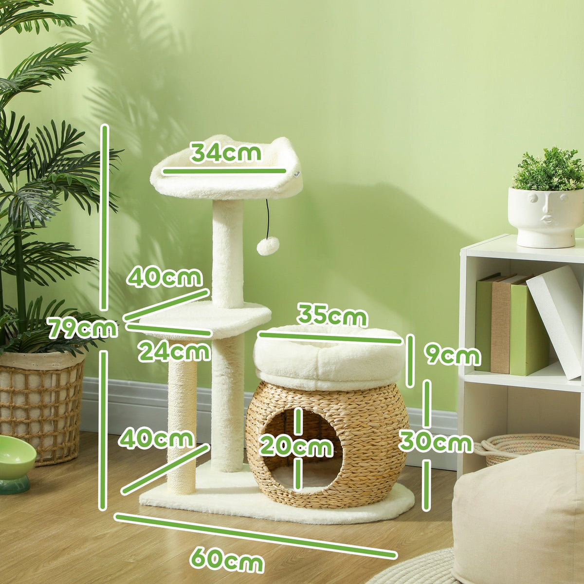 Cat Tree 79 cm, Cat Cave, Bed, Play Balls, Sisal, Cream White