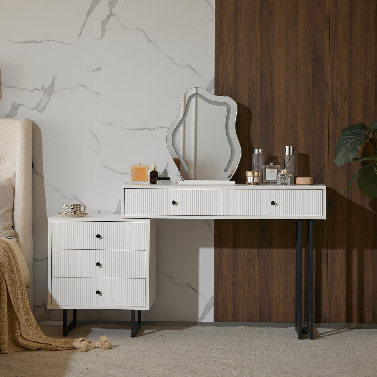 Dressing Table Set with 3-Color LED Mirror & Extendable Tabletop
