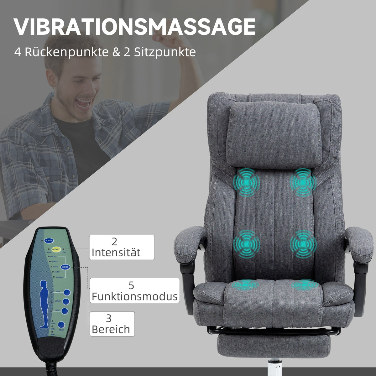 Office Chair Massage Modes Reclining Height Adjustable Footrest, Grey Linen Look