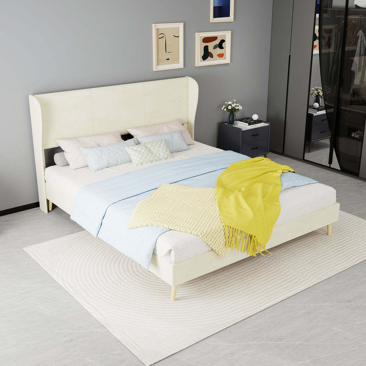 Upholstered Bed with Soft Headboard & Mattress, 160x200cm, Beige