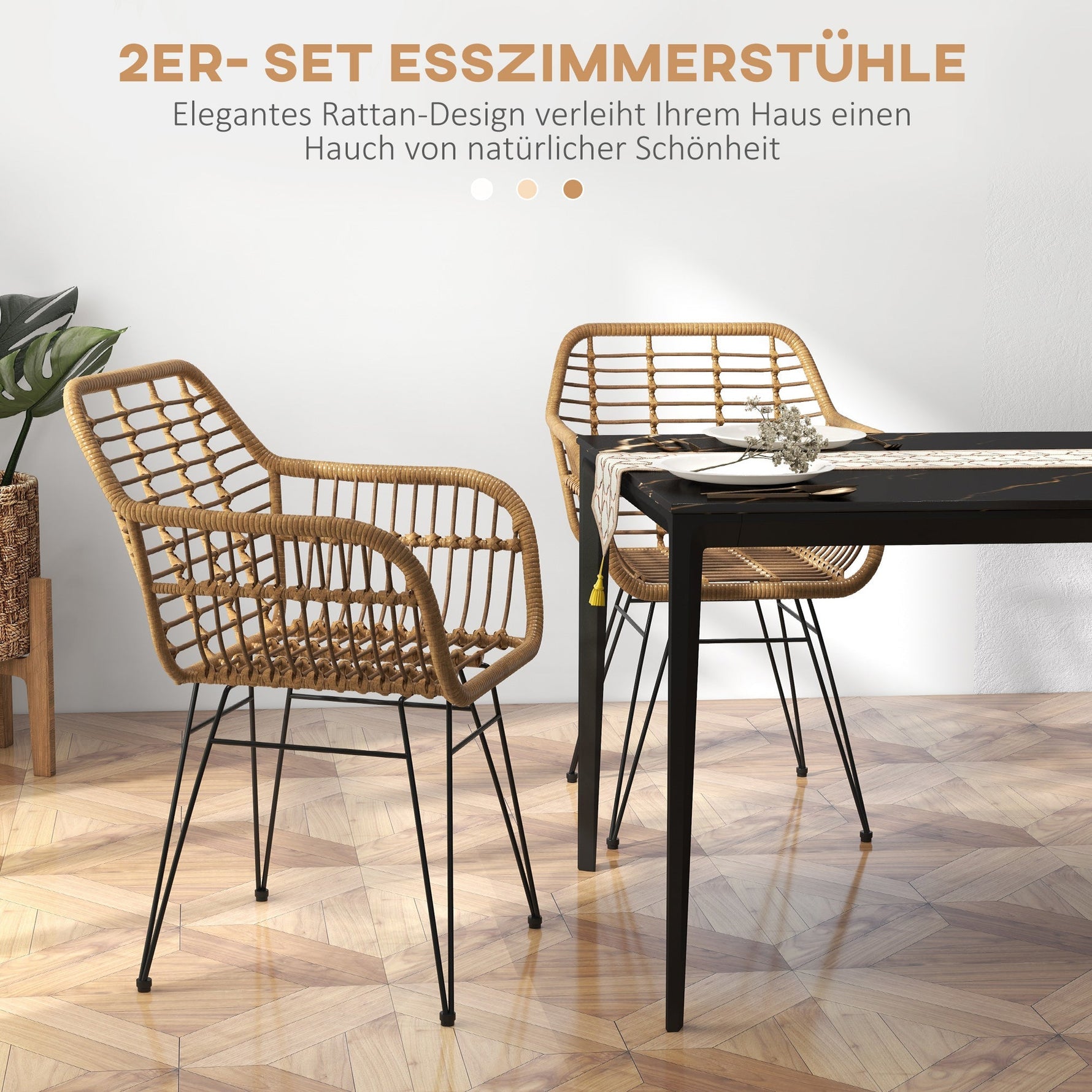 Set of 2 Kitchen Chairs Boho Style PE Rattan - Natural/Black