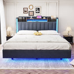 Upholstered Bed, 140x200, LED & USB, Storage Headboard, Floating Design, Grey Linen