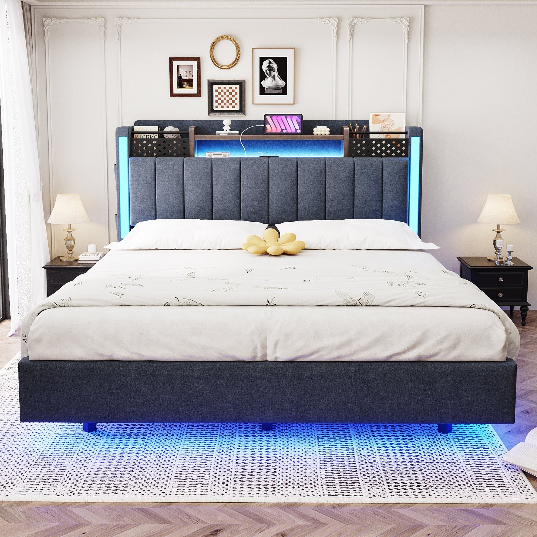 Upholstered Bed, 140x200, LED & USB, Storage Headboard, Floating Design, Grey Linen