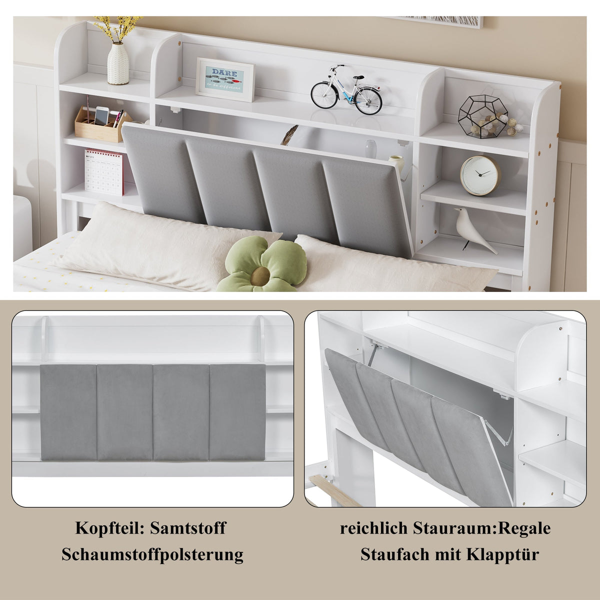 Double Bed, Open Shelf, 3 Drawers, Pine Frame, White+Grey