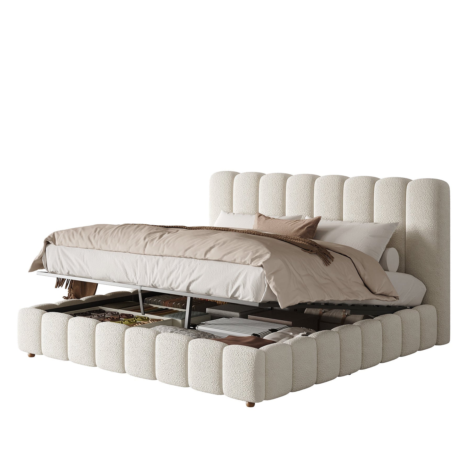 Upholstered Double Bed with Hydraulic Storage and Slatted Frame, 160x200cm, White Bouclé