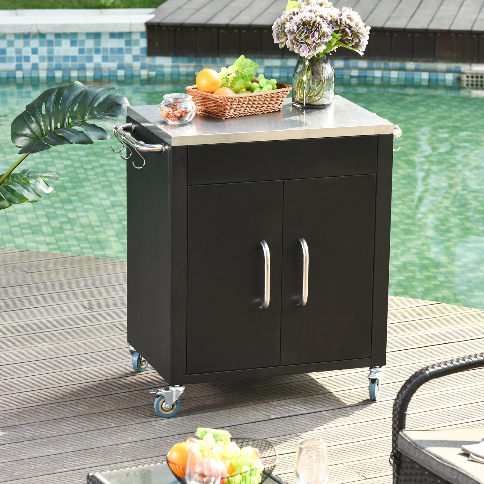 Kitchen Trolley Serving Cabinet with Wheels Hooks 86x50x86.5cm, Black Stainless Steel