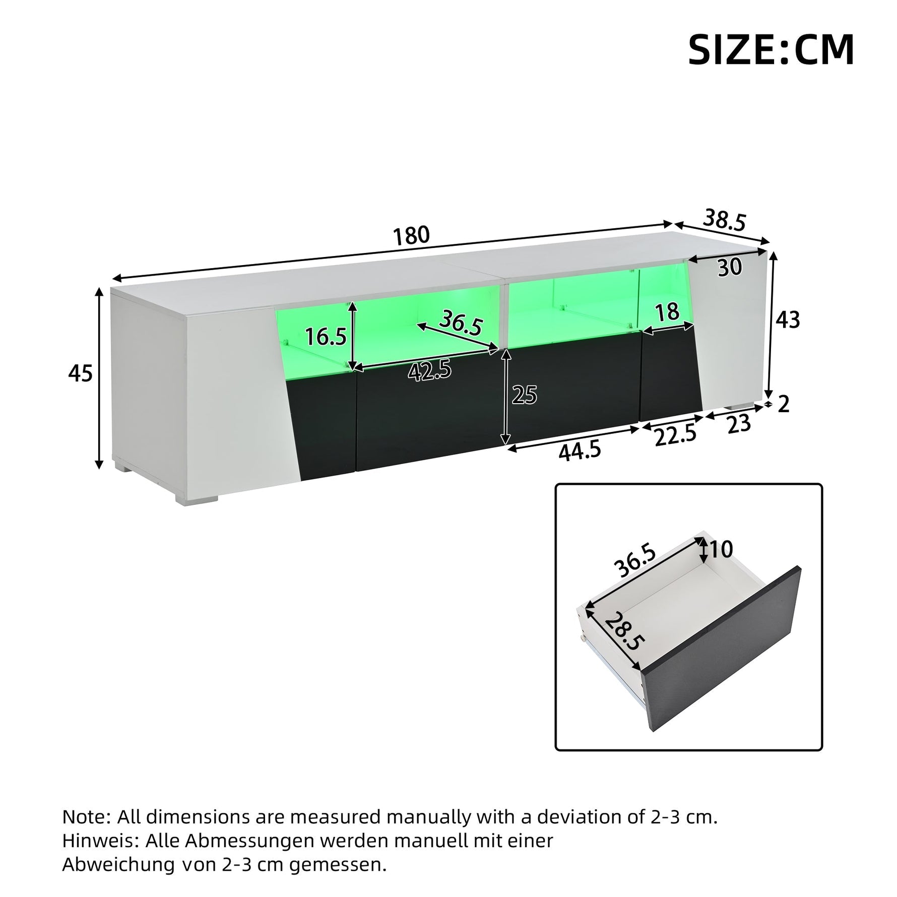 High-Gloss TV Stand 180cm LED 2 Drawers 2 Cabinets For 80 Inch TV - White/Black