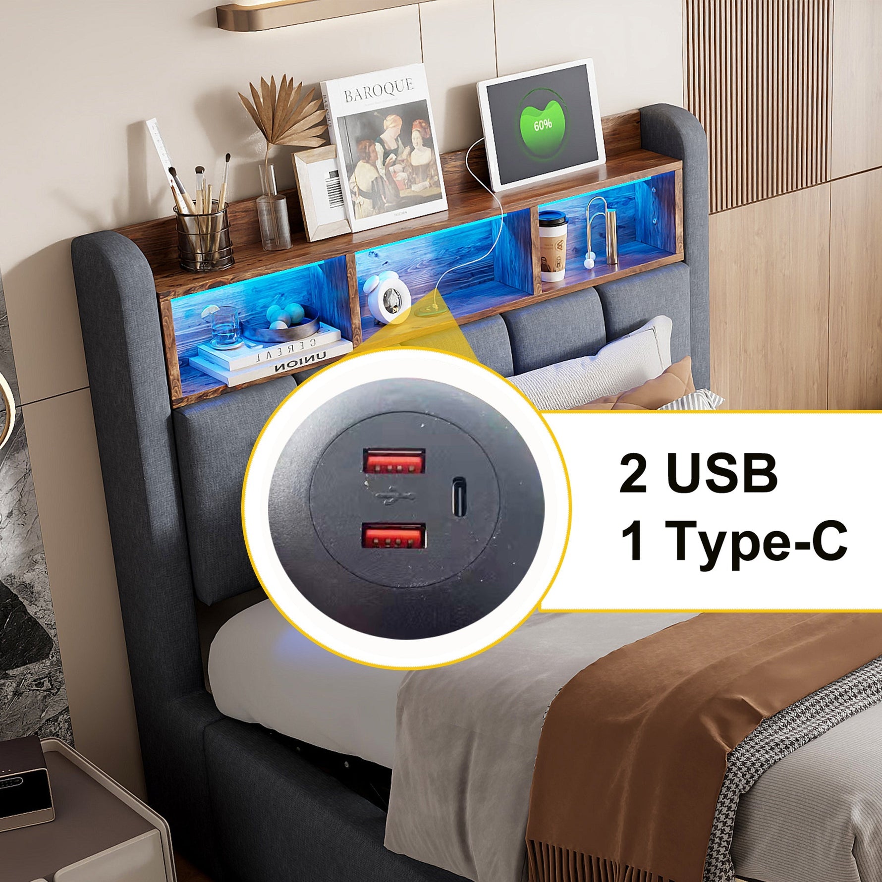 Upholstered Bed 90x200cm LED/USB Headboard Storage Hydraulic Single Linen Grey